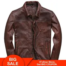 2020 Vintage marrón hombres inteligente de cuero Casual chaqueta Breasted de talla grande XXXL genuino de piel de vaca ruso abrigo envío gratuito