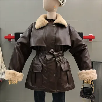 

New Autumn Winter Medium-long PU Leather Jacket Female Cotton-padded Coat Turn Down Fur Collar Long Sleeve Outwear Wadded Coats