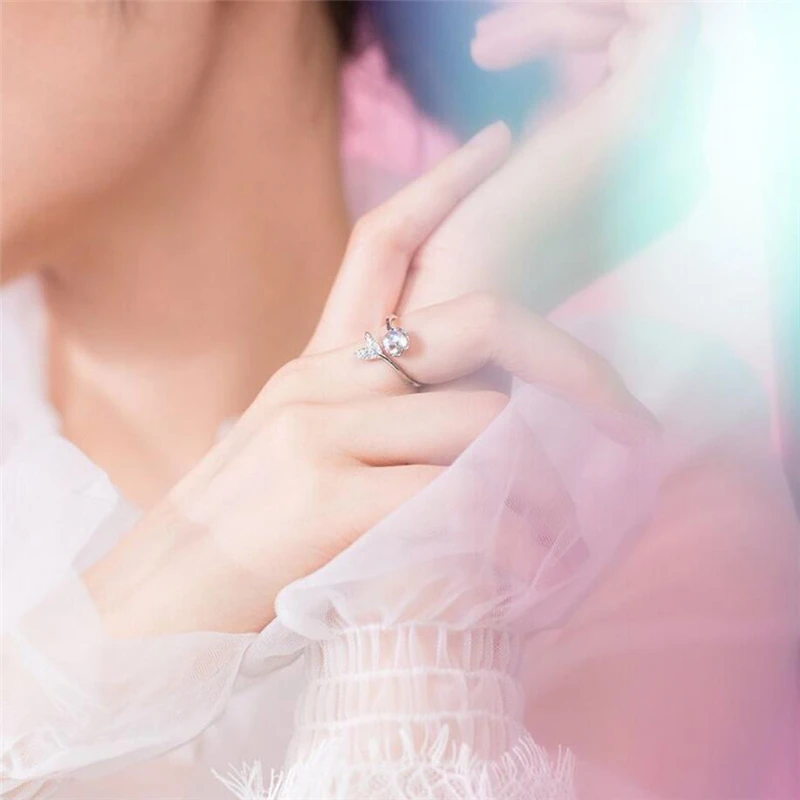 Sole Memory Blue Crystal Zircon Mermaid Fishtail Silver Color Female Resizable Opening Rings SRI991 silver ring silver rings