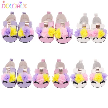 

7cm Cute 3 Flower Doll Shoes For 43cm New Bron Doll Leather Eyelash Embroidery Mini Shoes For 18 Inches& Our Our Generation Doll