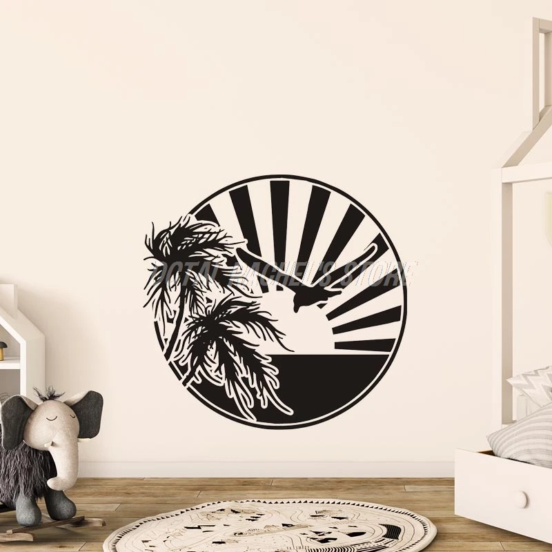 Tropical Island Palm Silhouettes Surf Board Sticker Home Decor Vinyl Decal Coconut Tree Living Room Bedroom