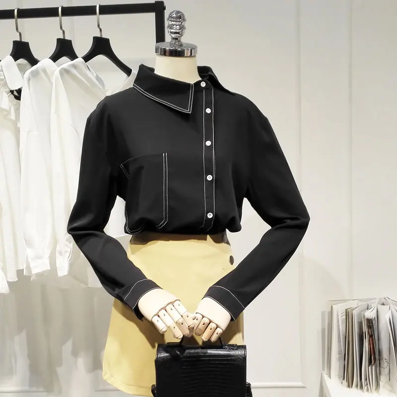 XITAO подходит ко всем элегантным черным рубашкам Модная рубашка с асимметричным карманом и воротником Топ Одежда Осень корейский WLD2300