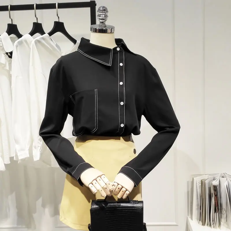  XITAO Match All Elegant Black Shirt Fashionable Skew Collar Irregular Pocket Blouse Top Clothes 201