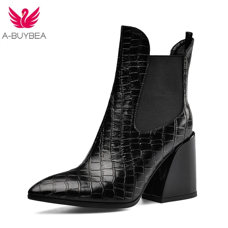 Женские ботильоны из натуральной кожи, модные женские ковбойские ботинки с острым носком на высоком каблуке женская зимняя обувь черного цвета без шнуровки размер 43