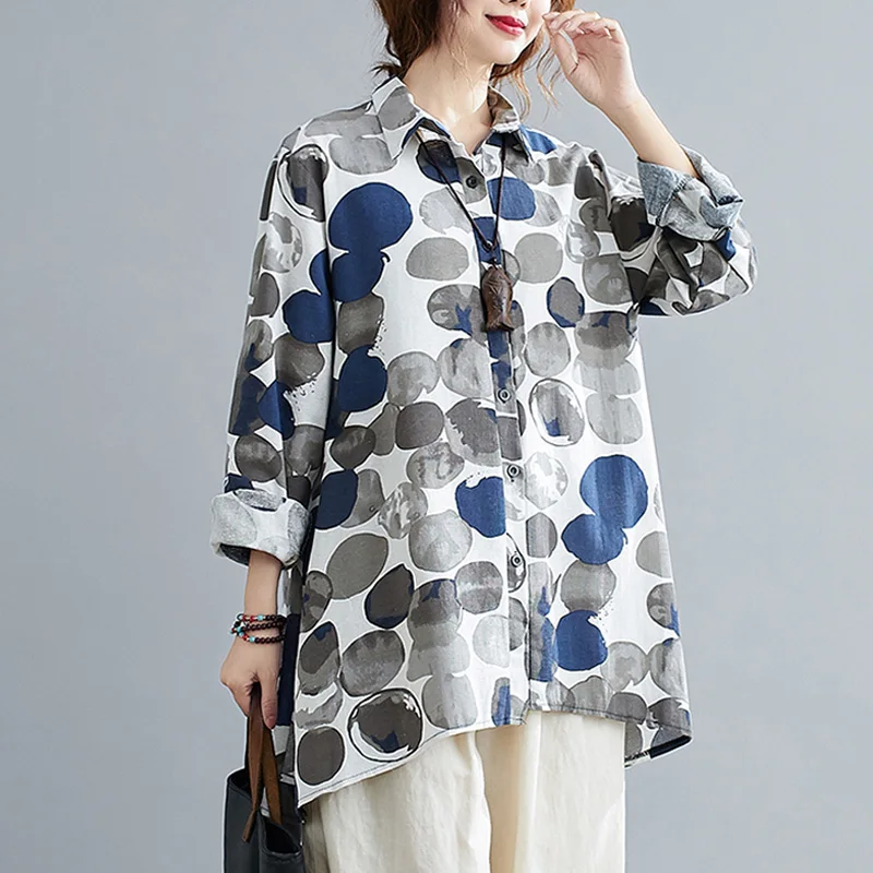 

Cotton Linen Loose Vintage Shirt Women Oversize Autumn Lapel Long Sleeve Polka Dot Print Shirts Elegant Temperament Tops Female