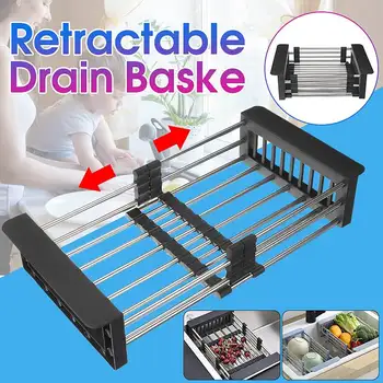 

Stainless Steel Adjustable Telescopic Kitchen Over Sink Dish Drying Rack Insert Storage Organizer Fruit Vegetable Tray Drainer