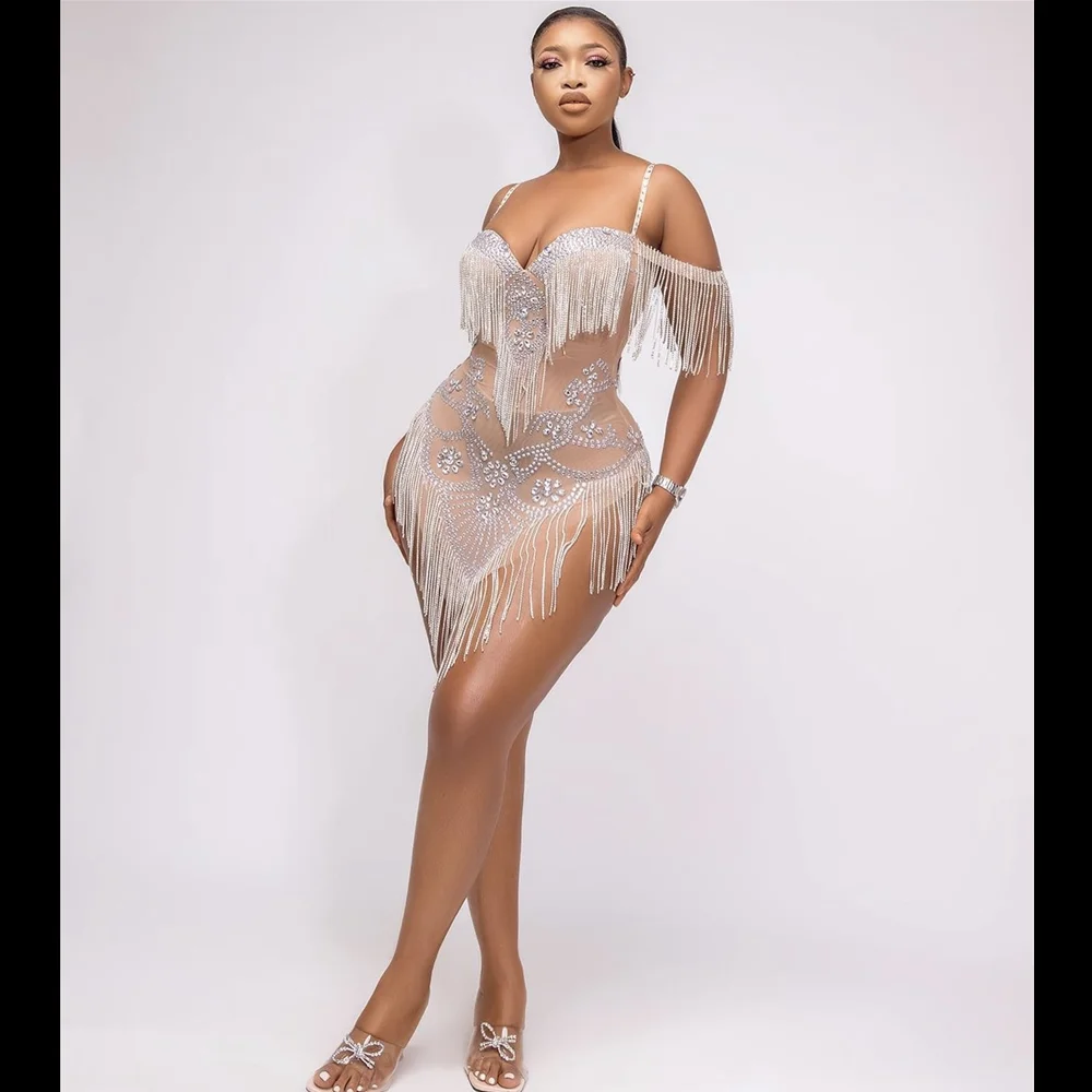 Shining Tassel Rhinestone Party Bodysuit Women Sexy Fringes Crystal Latin Dance Dress Nightclub DJ Singer Dancer Stage Outfits