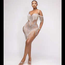 Shining Tassel Rhinestone Party Bodysuit Women Sexy Fringes Crystal Latin Dance Dress Nightclub DJ Singer Dancer Stage Outfits