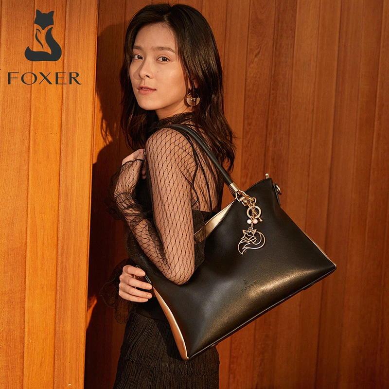 Женская сумка тоут FOXER черная через плечо из яловой кожи 2019|handbag ladies|brand handbagsfashion