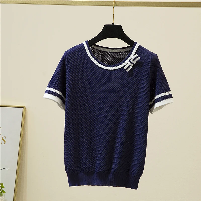 Korean Fashion Bow Patchwork Short Sleeve T-Shirt Women Elegant Summer Knitted Tees Office O-Neck Thin Woman Tshirt Tops Female