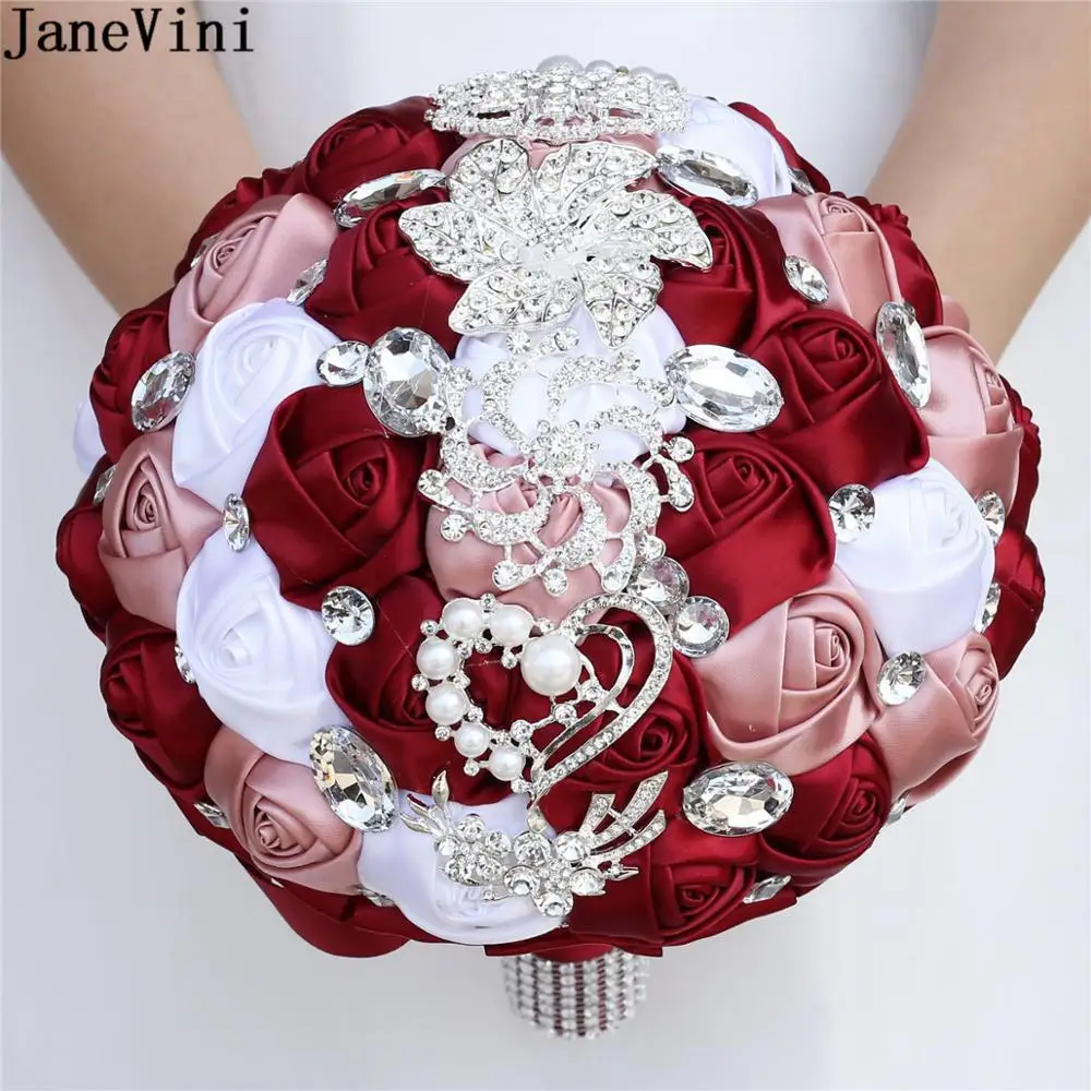 

JaneVini Custom Burgundy Rose Wedding Flowers Bridal Bouquets Crystal Beaded Pearl Ribbon Bride Brooch Bouquet Ramos De Flores