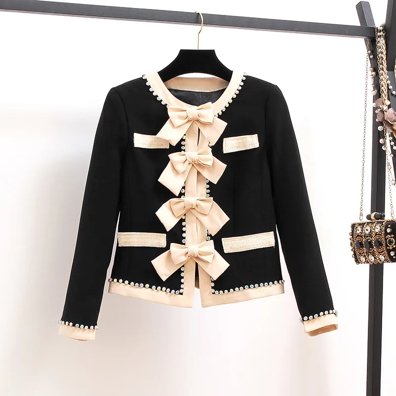 

High Quality female jacket Bow Beading Diamonds tweed Black Woolen jackets women long sleeve fashion coat clothing 2019