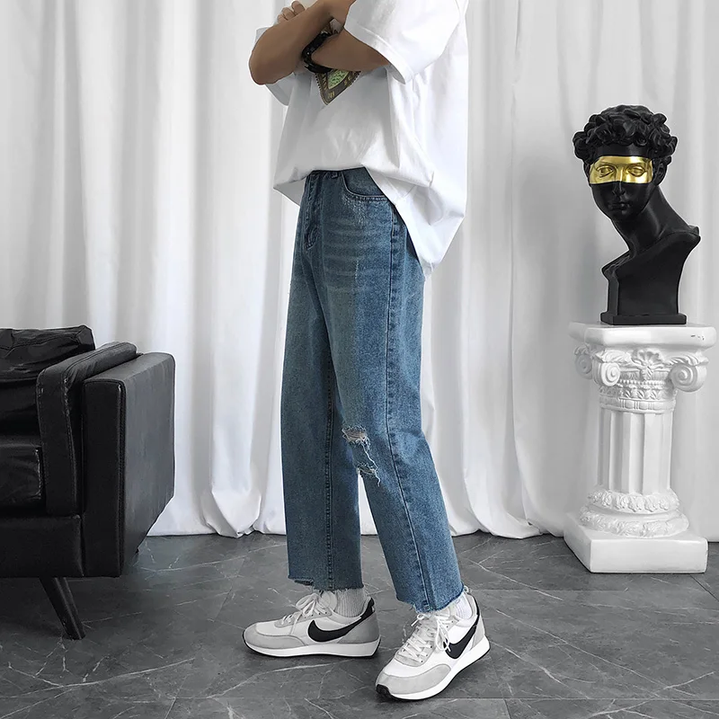 

2020 Summer Men's Jeans Solid color Classic Casual Jeans Men Straight Slim Fashion Ankle-Length pants men hole Jeans
