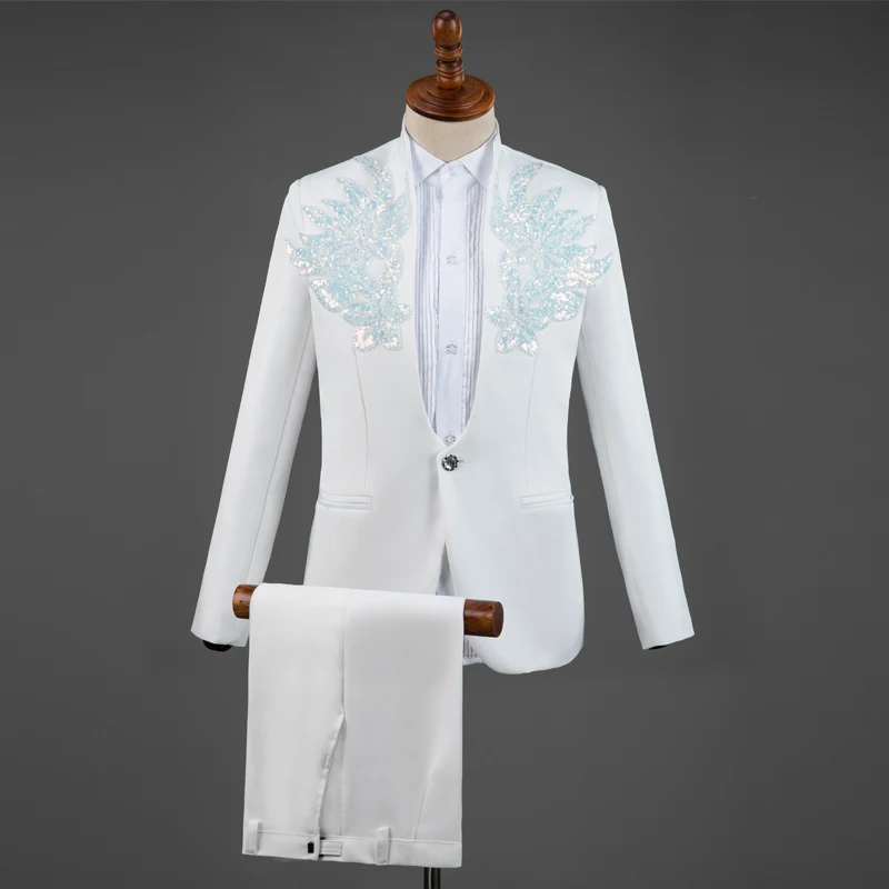 Королевский синий свадебный костюм с цветами и блестками для мужчин, смокинг, сценический мужской костюм, модные вечерние мужские костюмы с брюками Homme - Цвет: white