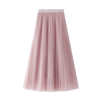 

Spring 3-Layered Tulle Pleated Maxi Long Skirts High Waisted Fairy Candy A-line Ankle Long Mesh Skirts Pink Gray