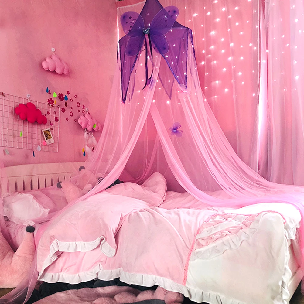 Pink Purple Детская кроватка для девочек, сетчатая кровать с бабочкой, легкий навес для детей, Круглый купол, москитная сетка для чтения, подвесная сетка для принцессы - Цвет: Pink Purple