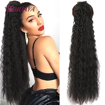 

HUAYA Long Corn Curly Ponytail for Women Hair Extensions Synthetic Black Brown Drawstring Clip In Hairpiece Water Wavy Pony Tail