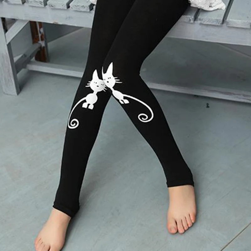 Весенне-осенние леггинсы для девочек; обтягивающие черные хлопковые эластичные штаны; леггинсы для девочек с рисунком кота, банта, цветов, кота; детские штаны
