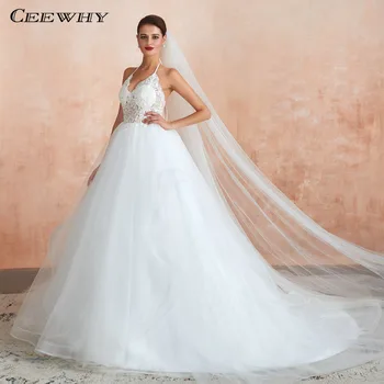 

CEEWHY Muslim Bride Lace Ball Gown Wedding Dresses Spaghetti Straps Open Back Wedding Gowns Plus Size Robe de Mariee