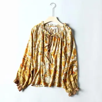 

New women fashion totem flower print casual shirt female holiday wear bow tied blouses agaric lace roupas chic beach tops LS6354