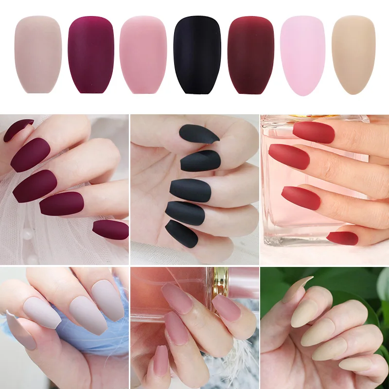 

24 Pcs/Bag Matte Fake Nail Tips Full Cover Colorful Natural Nail Art Design Matting Effect For UV Gel Extension Nail Art Tools