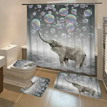 

1 Pack 3D Printing Bubbles Elephant Shower Curtain Bathroom Products Non Slip Toilet Cover Mat Floor Pad Accessories
