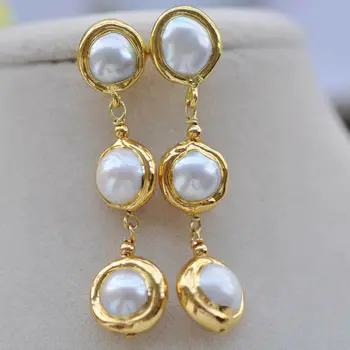 

13.5mm White Round Freshwater Pearl Gold-Plating Dangle Earrings