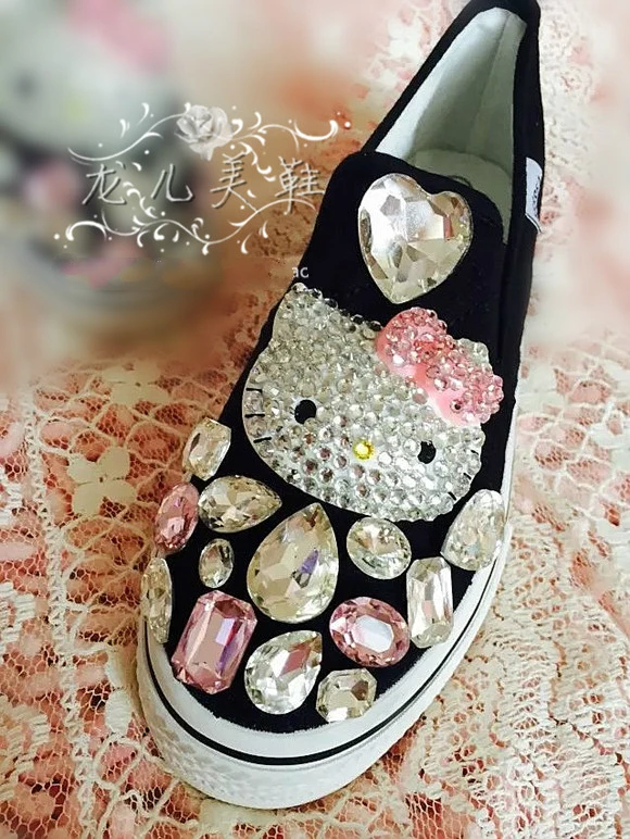 Стразы; обувь с украшением в виде кристаллов; женские кроссовки «хеллоо Китти»; милые кроссовки на платформе для девочек; Дизайнерская обувь ручной работы; оригинальная обувь «Китти Кэт»