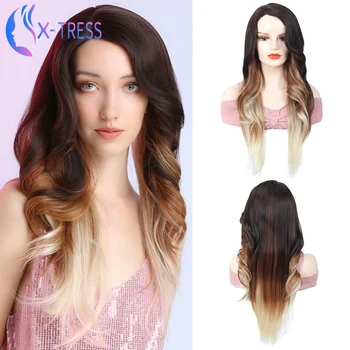 

X-TRESS Synthetic Lace Front Wigs For Women 26 Inches Long Wavy Blonde Wig Heat Resistant Fiber Halloween Cosplay Wig