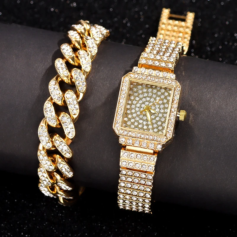 Iced Out Rose Gold Silver Color Watch Women's Luxury Rhinestone Cuban Chain Bracelet Watches Fashion Wrist Watch Hip Hop Jewelry