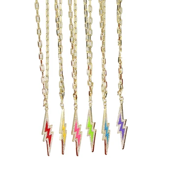 

2020 summer colorful jewelry Neon enamel cz paved lightning bolt pendant open link chain necklace