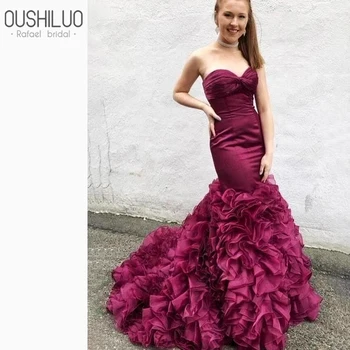 

Burgundy Prom Dresses Long For Women Sweetheart Mermaid Prom Dress Tiered Ruffles Organza Party Gown Court Train Custom Made