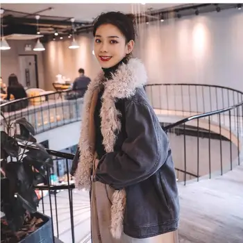 

Women Lamb Hair Parkas Denim Jacket Thickening Plus Velvet Winter Coat Pockets Denim Jacket Outwear