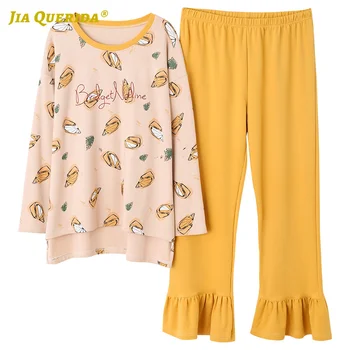 

Spring Autumn Woman Pj Set Printing New Soft Sleepwear Fashion Yellow Woman Clothes Sleepwear Casual Style Pyjamas Woman