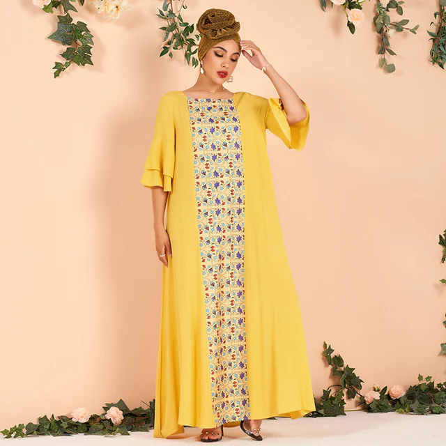 Plus Size Fashion Elegant Arabian Half Ruffle Sleeve Floral Vine Print Yellow Loose Lady Maxi Dresses 1
