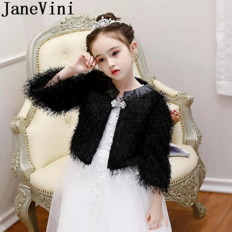 JaneVini/черная искусственная меховая шуба для девочек, шарф-плед, зимнее пальто для свадьбы, Детская куртка с цветочным принтом для девочек boleeros chales de fiesta