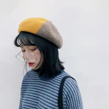

2019 Winter Ins Patchwork Wool Beret Women Pumpkin Painter Hat Literature And Art Simple Cap Leisure Time Joker Cap For Ladies