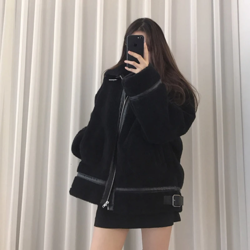 [EWQ] Новинка осени, милое теплое зимнее пальто из норкового кашемира с длинным рукавом, корейский стиль, куртка из белого меха ягненка размера плюс, QL645 - Цвет: black