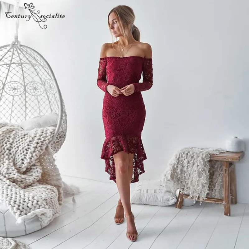 same as picture Привет-Ло Бургундия Русалка коктейльные платья Короткие чай-длина длинный рукав с открытыми плечами кружева платья для выпускного платья дешево - Цвет: same as picture