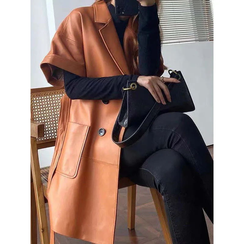 genuine Leather coat 2021 suit collar double-breasted windbreaker short sleeve strap long thin real sheepskin jacket women sexy