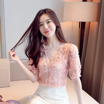 

COIGARSAM Short Sleeve blouse women New Summer Spring Chiffon Lace blusas womens tops and blouses White Pink 780