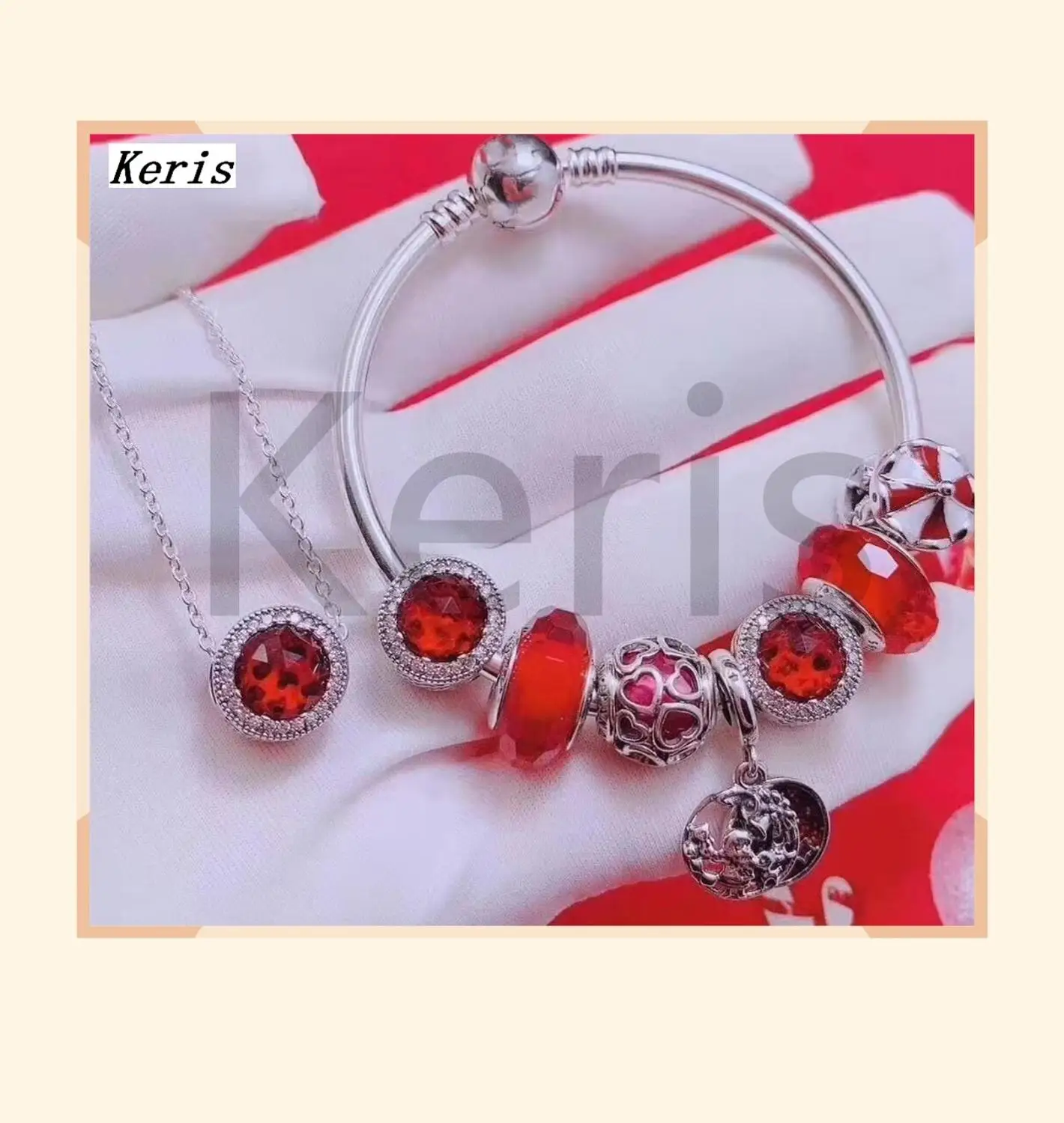 

High Quality Reproduction 1:1 100%925 Silver New Charm Beads Pendant Necklace Bracelet Set Free Delivery
