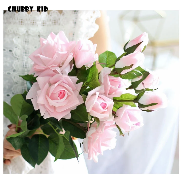 6 предмет в комплекте! Hi-Q real touch 3 головки искусственные розы цветы свадебные декоративные увлажняющий Войлок 87 см длинная ветка/Стволовые латексные розы