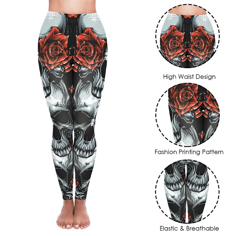 Skull Print Women Fitness Leggings Slimming High Waist Training Pants Pish Up Stretch Running Wear Sports Workout Breathable