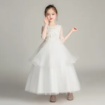 

Girl's formal dress O neck sleeveless long ponchos piano show host summer princess birthday ceremony wedding flower girl dress