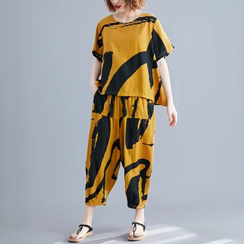 

[EWQ] 2020 Spring Summer New Pattern Round Collar Short Sleeve Print Patchwork Two Piece Set Women Vintage Suit AK98707.2XL