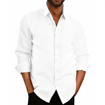 

Men Summer Linen Slim Long Sleeve Shirt Casual Shirt Tops Blouse S-XXL Camisas Para Hombre Off White Social Shirt Men
