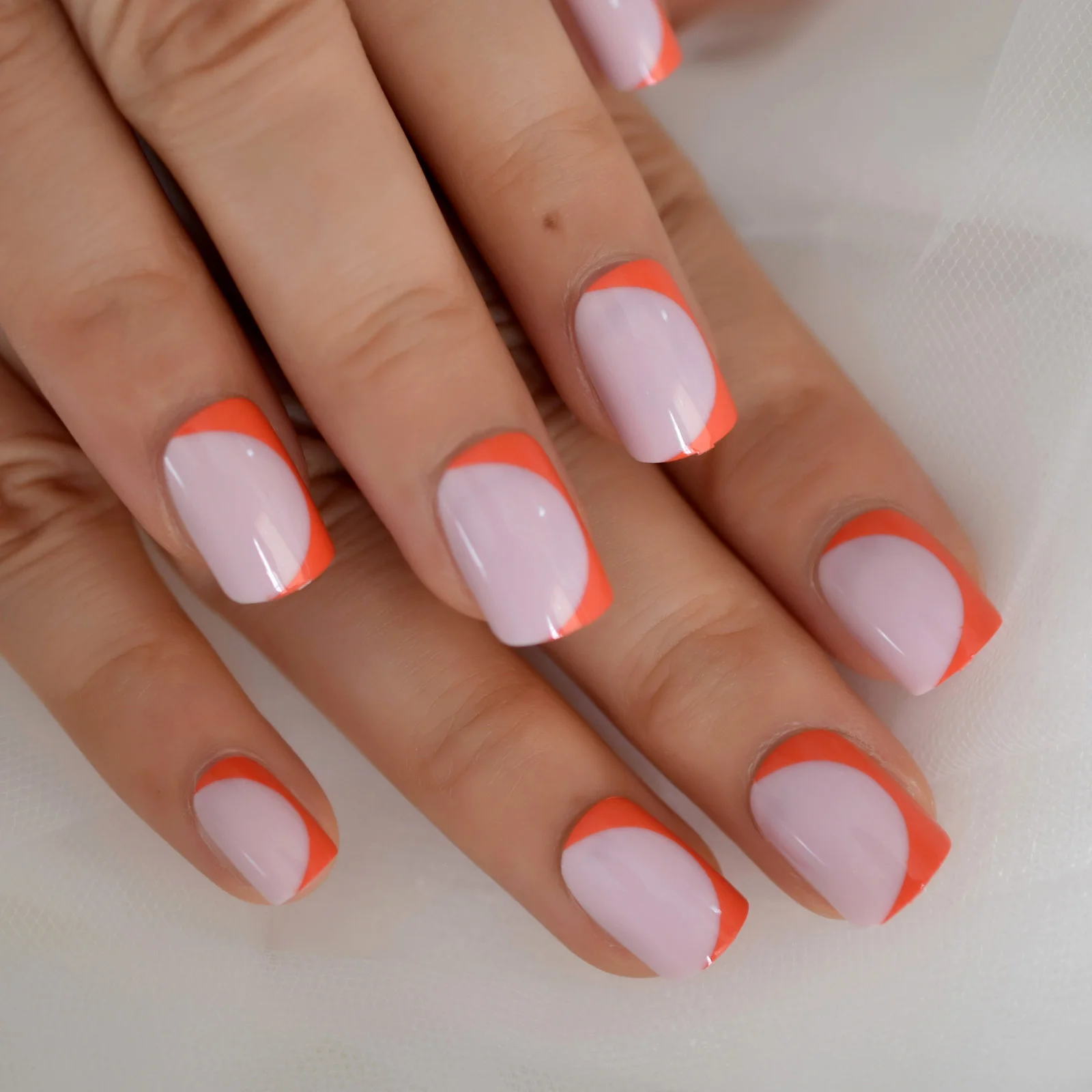 Pink Orange Fake Nails Short Half Moon Designs Press On Nails Glossy Faux  Ongles Court Reutilisable 24pcs - False Nails - AliExpress