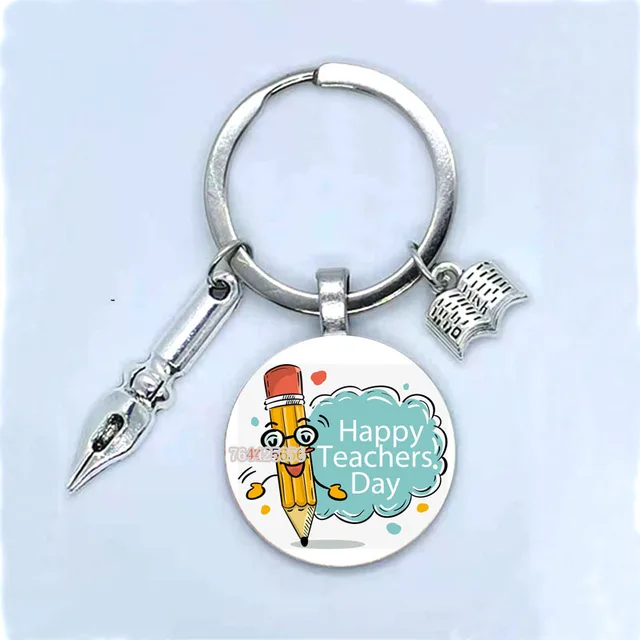 Fashion New Dear Teacher Round Glass Keychain Handmade DIY Book Pen Decoration Pendant Keychain Teacher'S Day Gift Souvenir 8