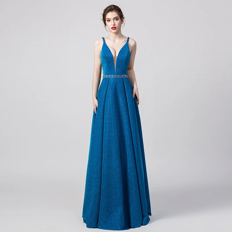 Простое синее ТРАПЕЦИЕВИДНОЕ платье для выпускного вечера Новое поступление сарафан с v-образным вырезом ДРАПИРОВАННОЕ вечернее платье женское платье L5361 - Цвет: Ocean Blue